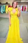 Backless A Line Long Evening Prom Gown With Flower Sleeves