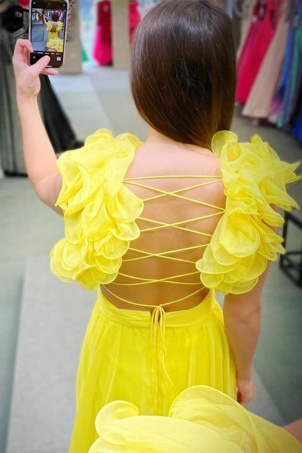 Backless A Line Long Evening Prom Gown With Flower Sleeves