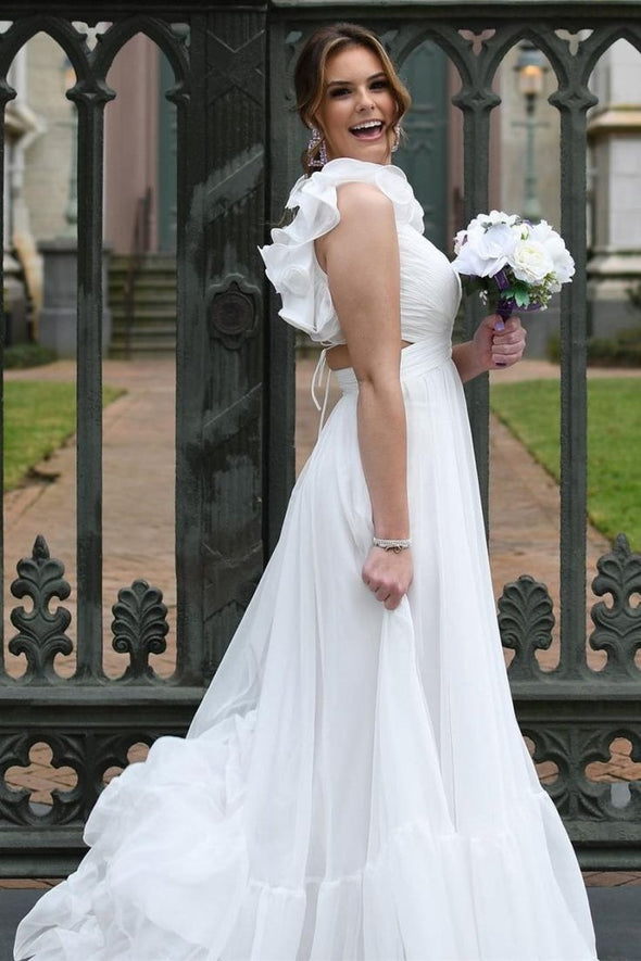 Backless A Line Long Evening Prom Gown With Flower Sleeves