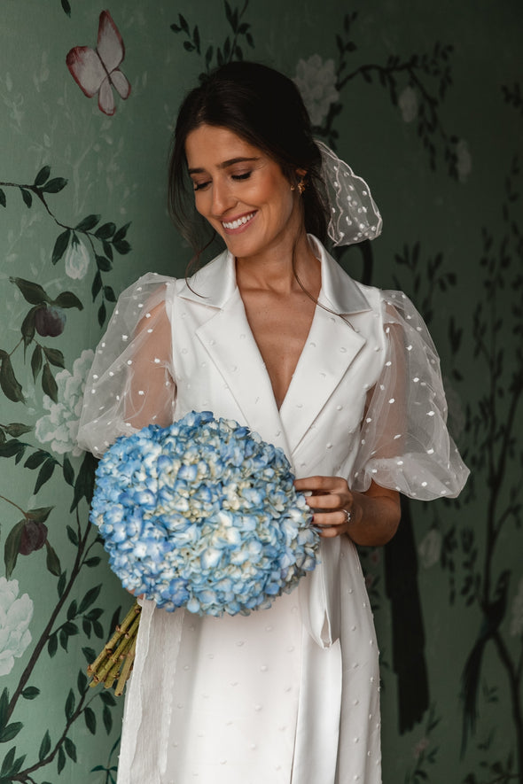 Tea Length Soft Satin Wedding Dresses Puffy Dot Tulle ZW971