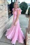 Backless A Line Long Evening Prom Gown With Flower Sleeves