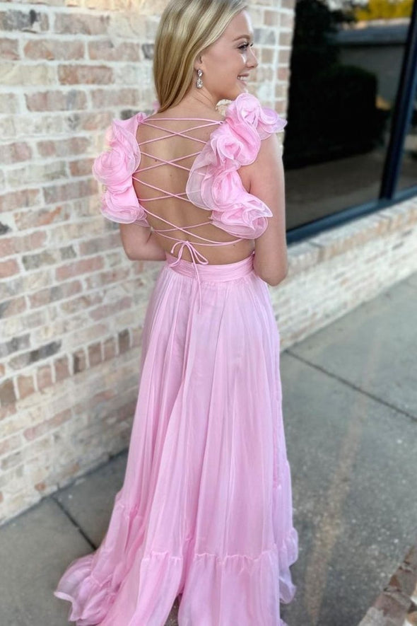 Backless A Line Long Evening Prom Gown With Flower Sleeves