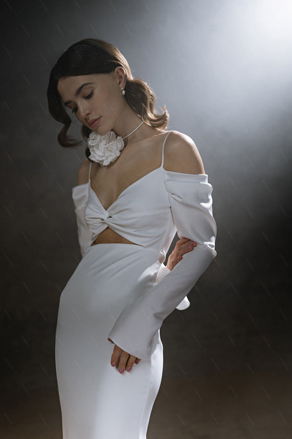 Soft Satin Long Sleeve Wedding Dresses With Special Cut at Waist Chic ZW1033