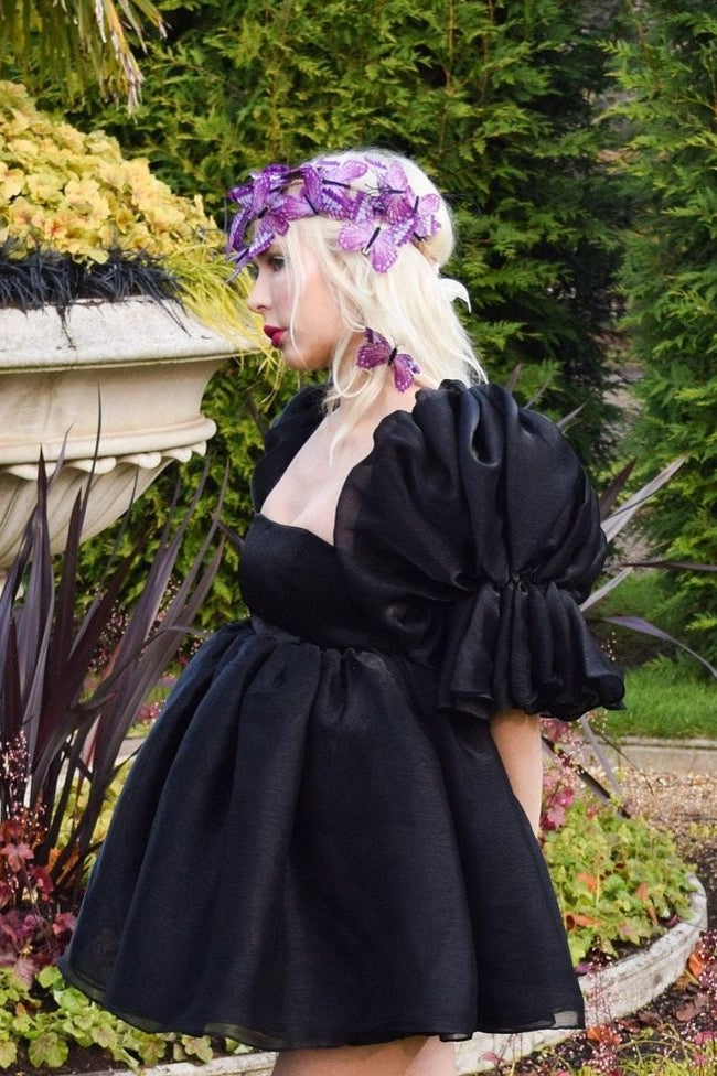 black puff sleeve homecoming dress Sparkly Puffy Long Sleeves Square Neckline Fitted Short Homecominig Dress ARD2650