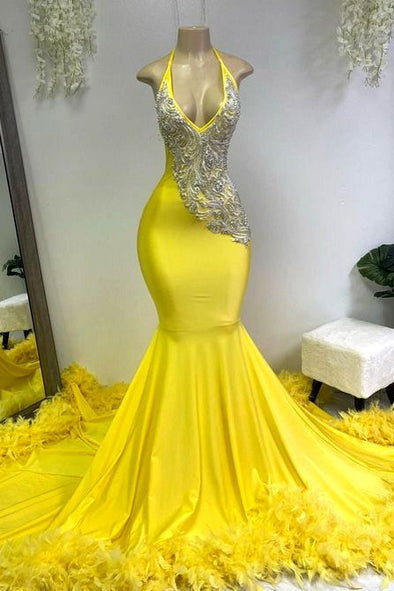 Yellow Feather Prom Dresses For Women Lace Applique Halter 243111649