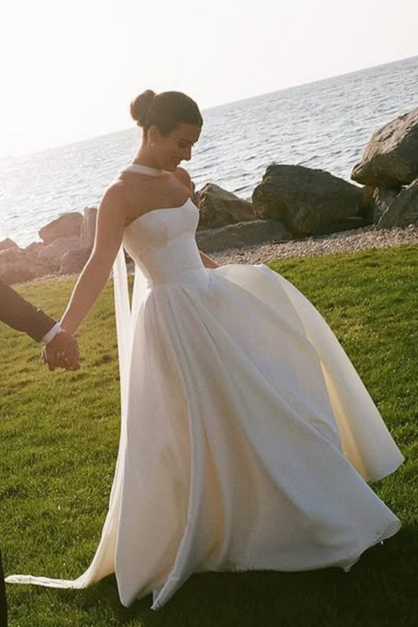 DZ9454 A Line Satin Bridal Gown With Neck Scarf TANYA BRIDAL DZ9454 A Line Satin Bridal Gown With Neck Scarf TANYA BRIDAL