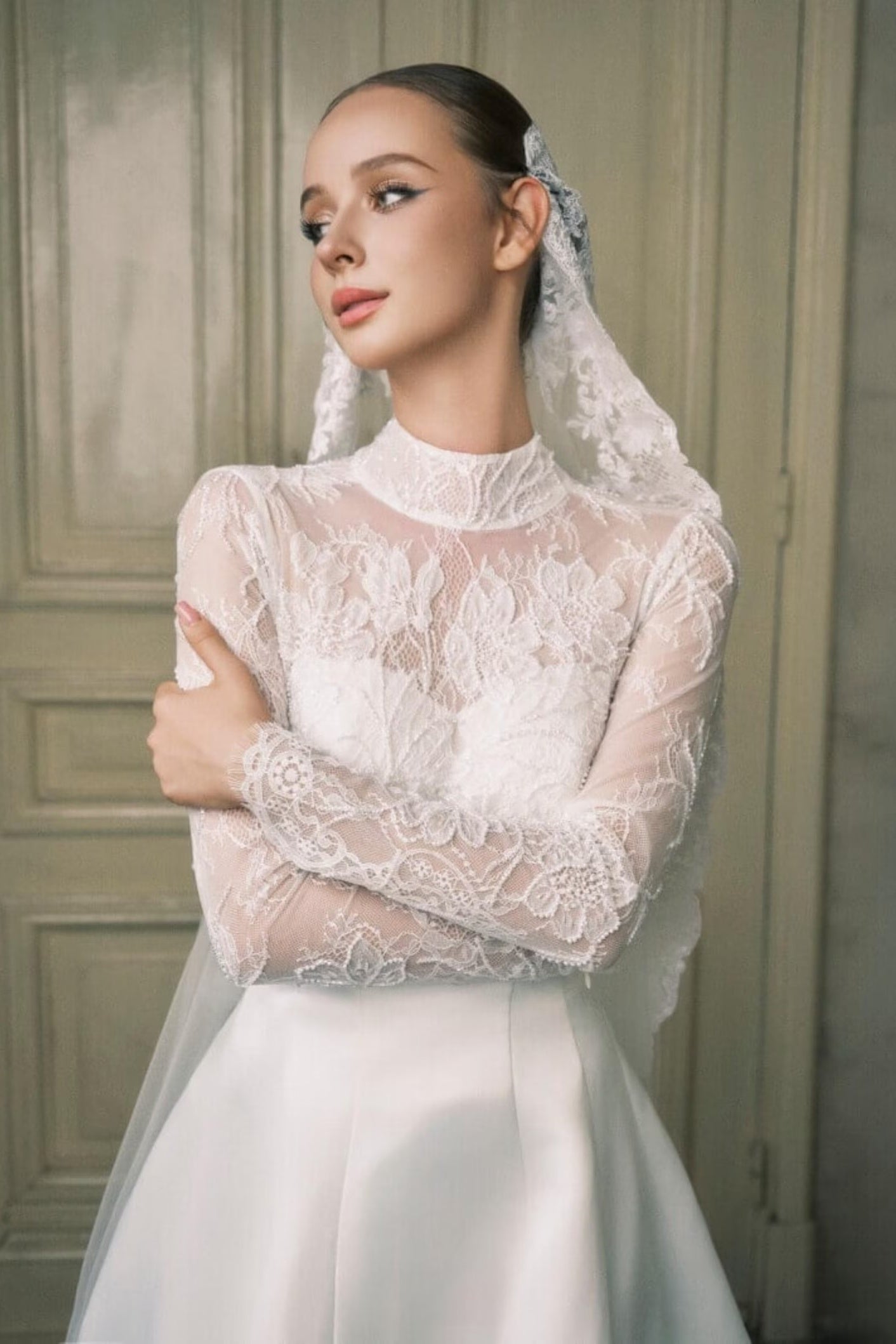 Lace Satin A Line Wedding Dress High Stand Neck With Veil TANYA BRIDAL Lace Satin A Line Wedding Dress High Stand Neck With Veil TANYA BRIDAL