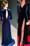 Navy Velvet Long Sleeves V-neck Sheath Silt Bridesmaid Dress