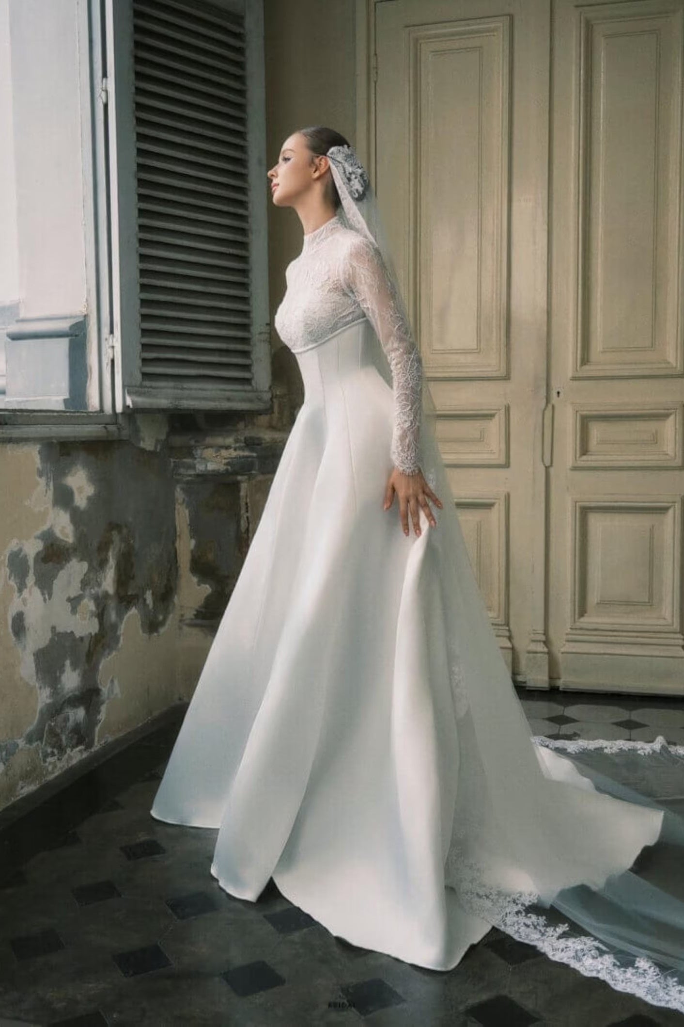 Lace Satin A Line Wedding Dress High Stand Neck With Veil TANYA BRIDAL Lace Satin A Line Wedding Dress High Stand Neck With Veil TANYA BRIDAL