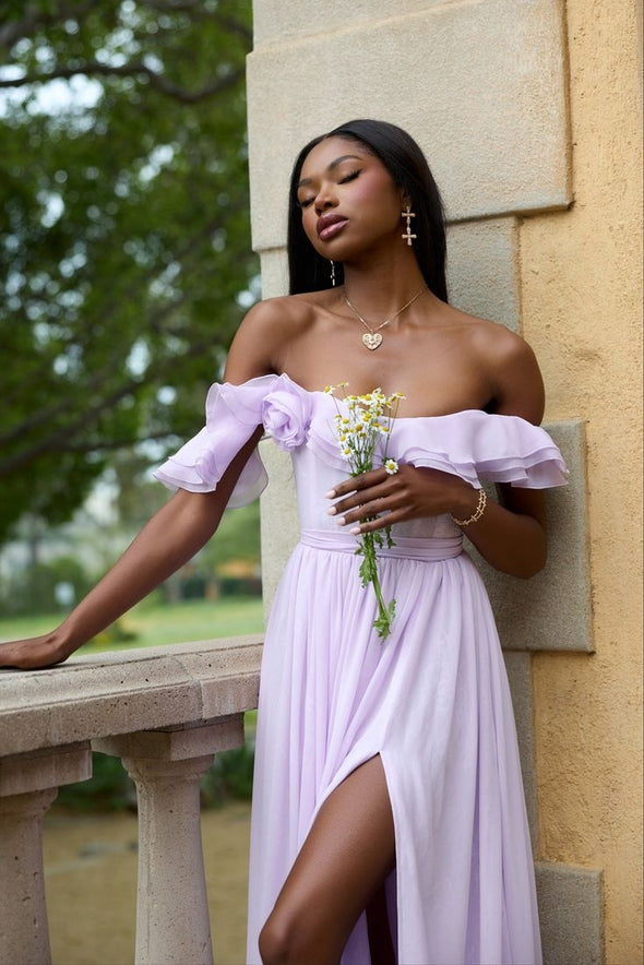 Off The Shoulder A Line Chiffon Split Evening Dress