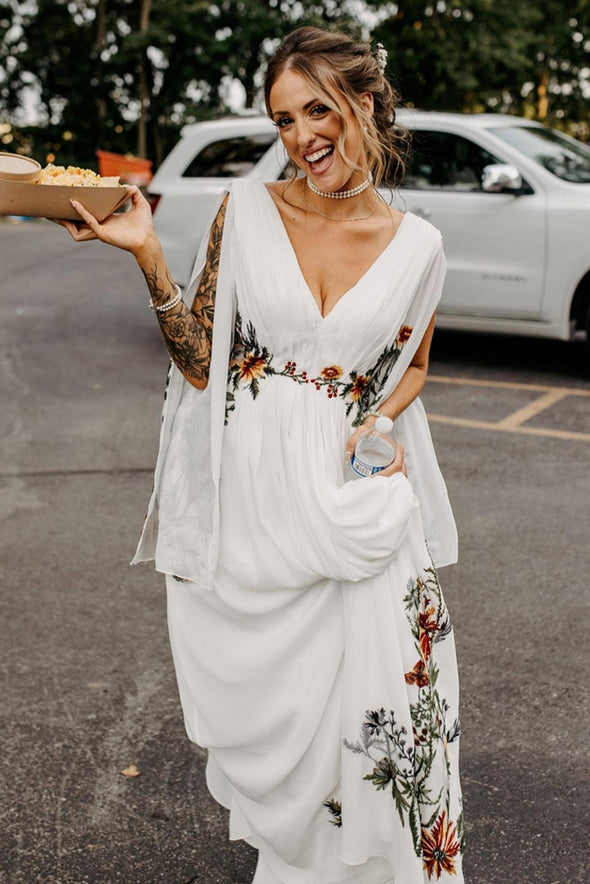 Long Flare Split Sleeve Boho Colorful Embroidery Wedding Dress