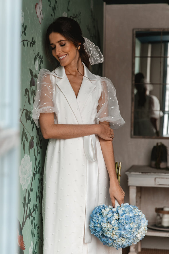 Tea Length Soft Satin Wedding Dresses Puffy Dot Tulle ZW971