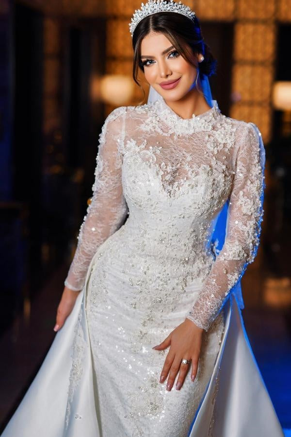 arabic lace mermaid wedding dress Off-Shoulder Arabic mermaid wedding dress overskirt with Detachable Train, 3D Lace Appliques, and Short Sleeves