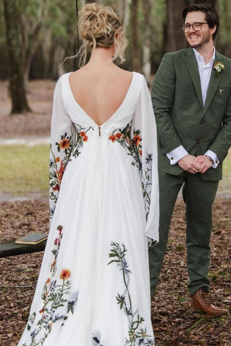 Long Flare Split Sleeve Boho Colorful Embroidery Wedding Dress TANYA BRIDAL Long Flare Split Sleeve Boho Colorful Embroidery Wedding Dress TANYA BRIDAL