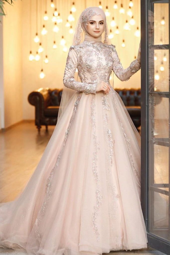 golden dress with hijab Champagne Long Muslim Wedding Dress With Lace Appliques – TANYA BRIDAL