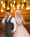 Champagne Long Muslim Wedding Dress With Lace Appliques
