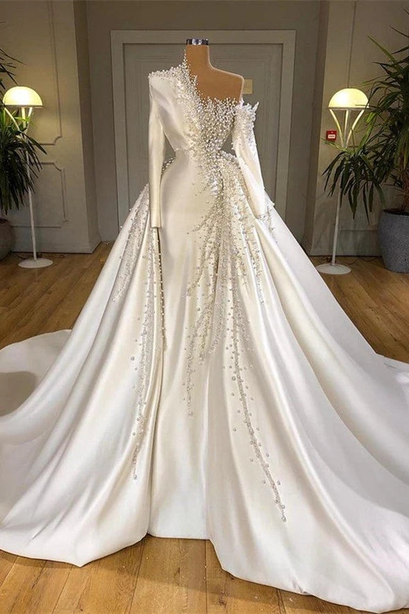 Luxury Pearls Mermaid Long Wedding Gown With Train