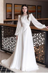 Soft Wedding Dress Full Sleeves Pleated Lace Appliques Muslim