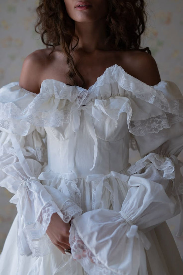Long Taffeta A Line Off The Shoulder Lace Edge Wedding Gown