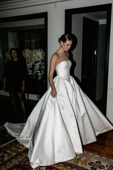 #DZ9368 A Line Satin Long Wedding Dress Drapped Waistline