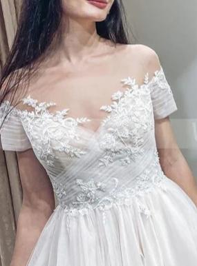 A Line Short Sleeves Illusion Neck Wedding Dress