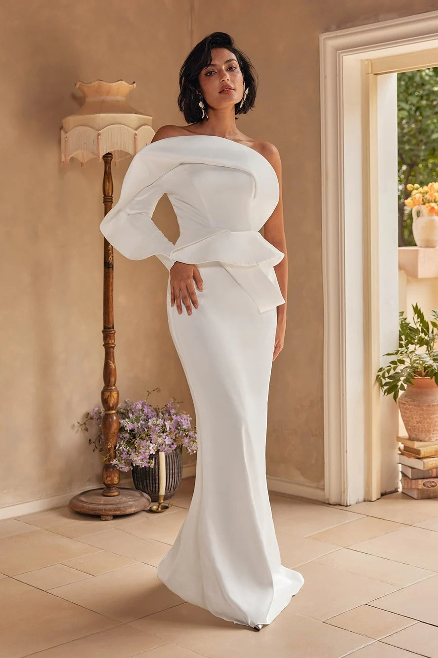 one shoulder ivory cocktail dress Poetic Charm Light Ivory Asymmetric One Shoulder Maxi Dress