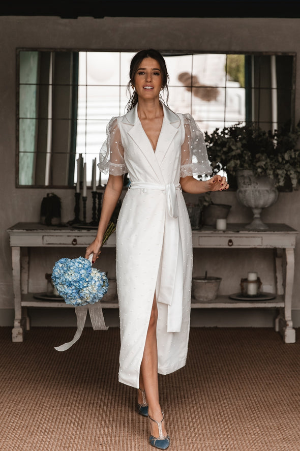 Tea Length Soft Satin Wedding Dresses Puffy Dot Tulle ZW971