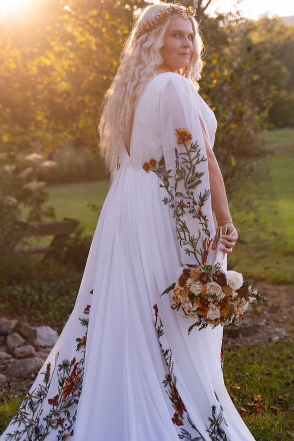 Long Flare Split Sleeve Boho Colorful Embroidery Wedding Dress