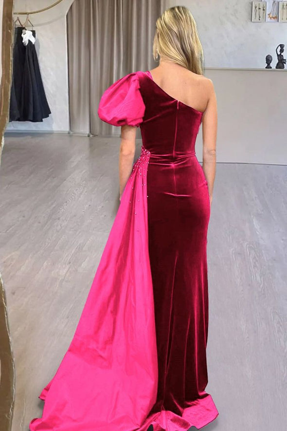 Velvet Long Evening Dress One Shoulder With Draped Train