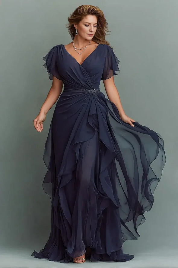 DZ9544 Navy Chiffon A Line V-Neck Flutter Short Sleeves Mother of the – TANYA BRIDAL