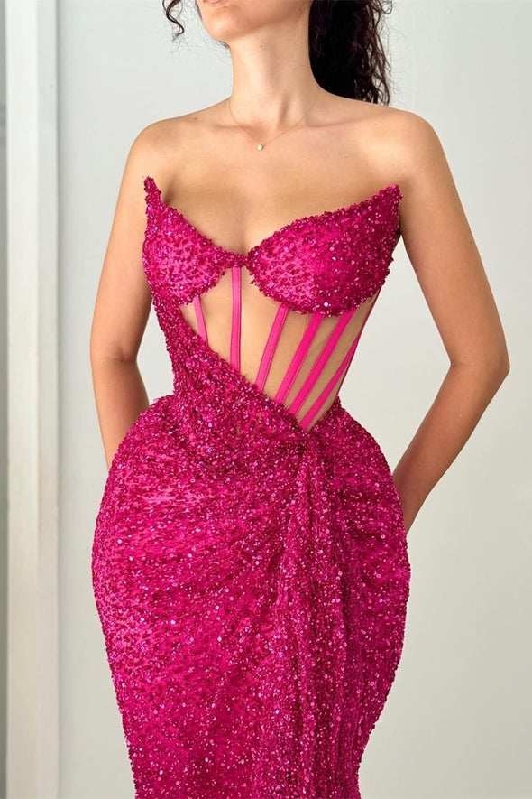 Fuchsia Long Sheath Sequins Sexy Women Evening Gown