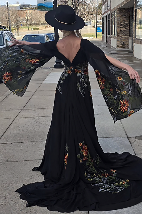 Long Flare Split Sleeve Boho Colorful Embroidery Wedding Dress