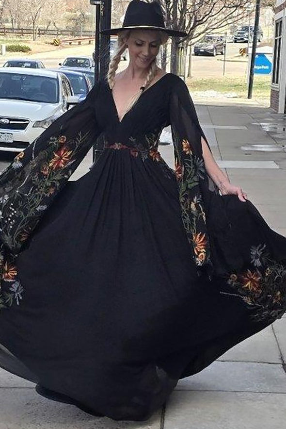 Long Flare Split Sleeve Boho Colorful Embroidery Wedding Dress