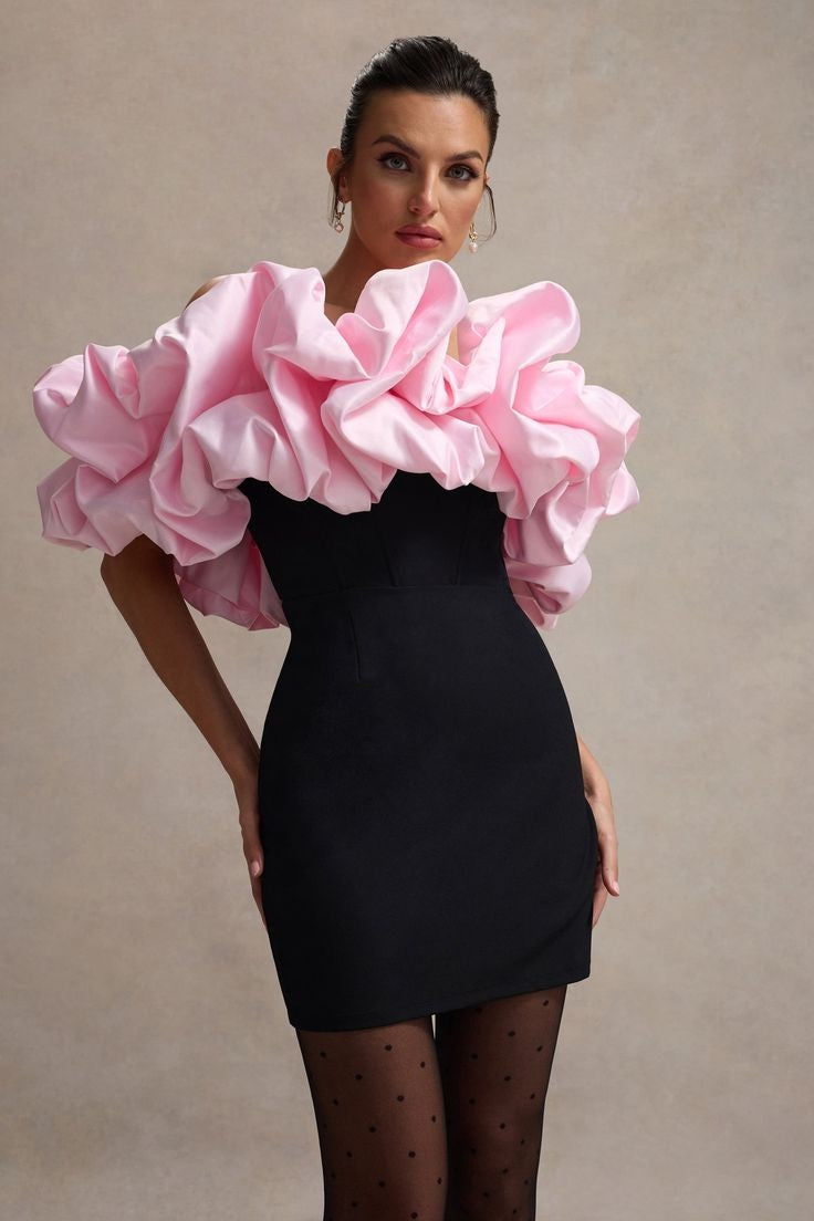 DZ9615 Black Homecoming Sexy Dress With Pink Ruffles TANYA BRIDAL DZ9615 Black Homecoming Sexy Dress With Pink Ruffles TANYA BRIDAL