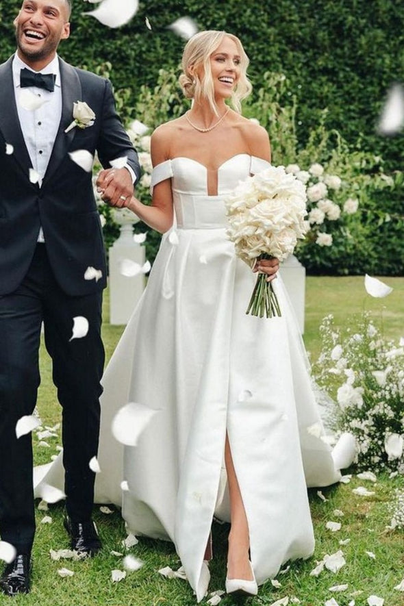 Sweetheart A Line Satin Wedding Gown With Buttons