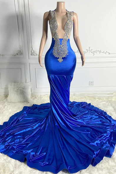 Royal Blue Sleeveless Mermaid Evening Dress Beadings With Zipper Back