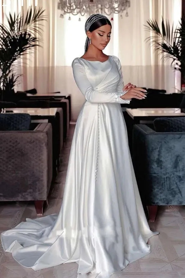 Elegant Muslim Wedding Dress With Hijab 2020 Ankle Length Satin Long Sleeve Muslim  Wedding Gown For Plus Size Brides In The Middle East Arabic Style Vestido  De Novia From Dresstop, $115.96 | DHgate.Com