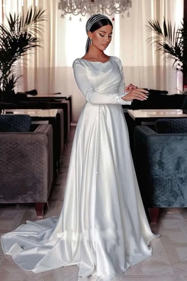 satin wedding dress buttons Backless A Line Satin Long Sleeve Buttons Wedding Dress