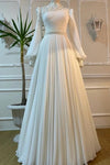 Pleated A Line Elegant Long Muslim Wedding Dress Full Sleeves