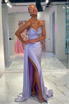 Lavender Pleated Mermaid Prom Dresses Side Split Evening Gowns