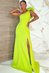 One Shoulder Trumpet Sleeveless Fluo Green Satin Prom Dress With Flower