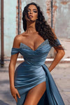 Off Shoulder Mermaid Evening Gown Satin Crystal Ruched