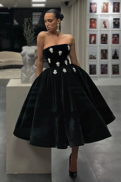 Black Velvet Midi Prom Dresses With Crystal
