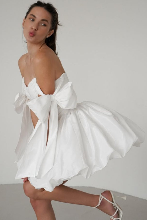Off White Taffeta Short Wedding Dress / Homecoming Gown Off The Shoulder