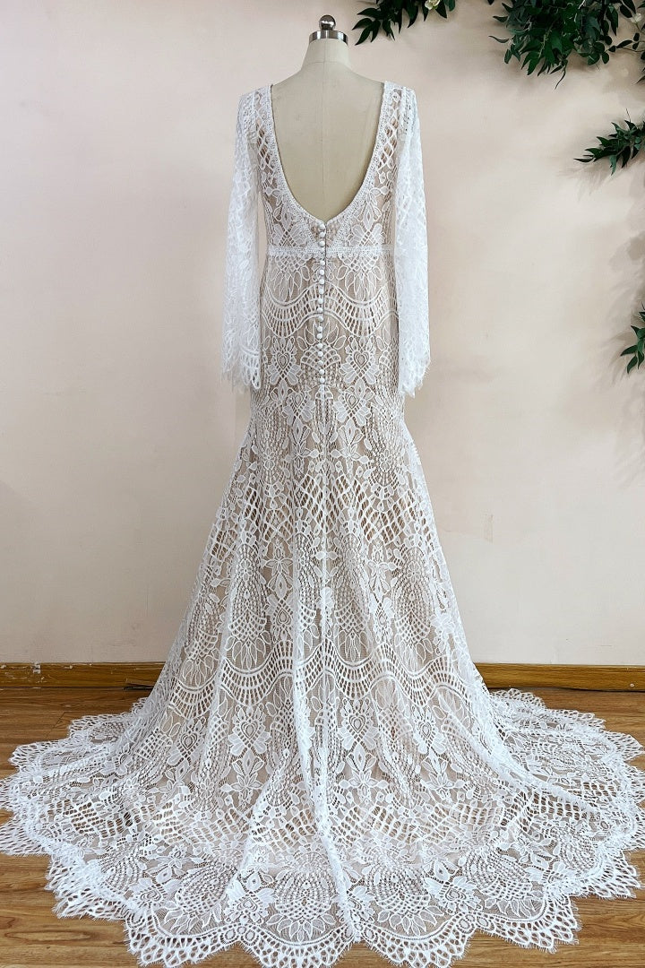 Mermaid Lace Wedding Dresses Flare Sleeve V-Neck Backless ZW827 TANYA BRIDAL Mermaid Lace Wedding Dresses Flare Sleeve V-Neck Backless ZW827 TANYA BRIDAL