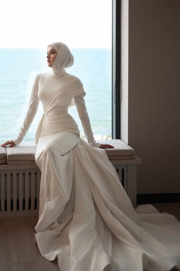 Elegant Long Hijab Wedding Dress With Beads