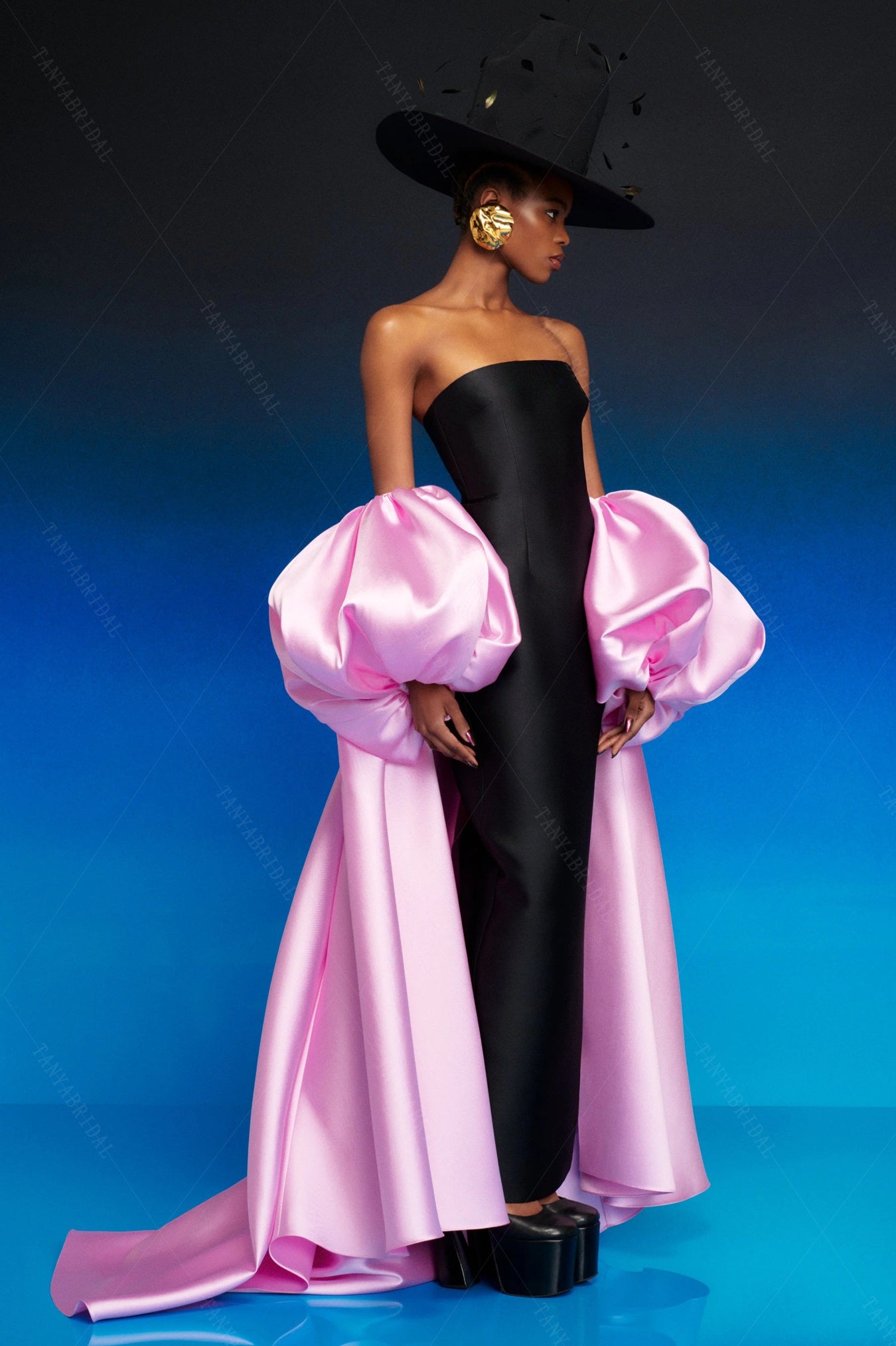 Black Sheath Prom Dresses With Pink Satin Cape Maxi Gowns DE006 TANYA BRIDAL Black Sheath Prom Dresses With Pink Satin Cape Maxi Gowns DE006 TANYA BRIDAL