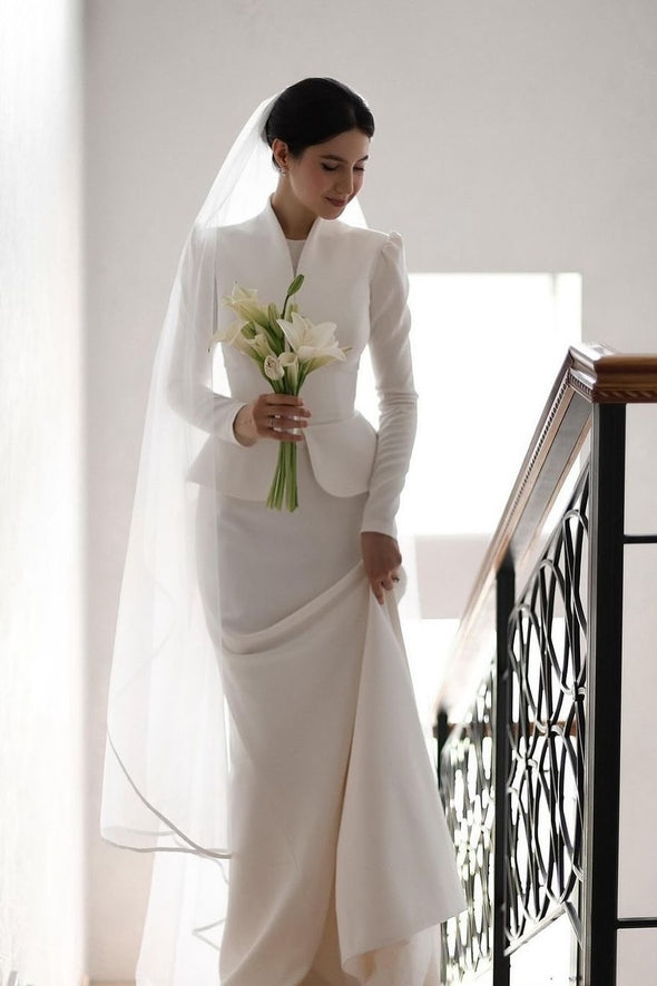 Stand Neck Long Sleeves Wedding Dress Modest Bridal Gown