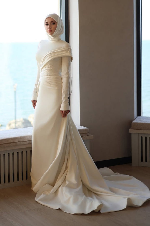 Elegant Long Hijab Wedding Dress With Beads