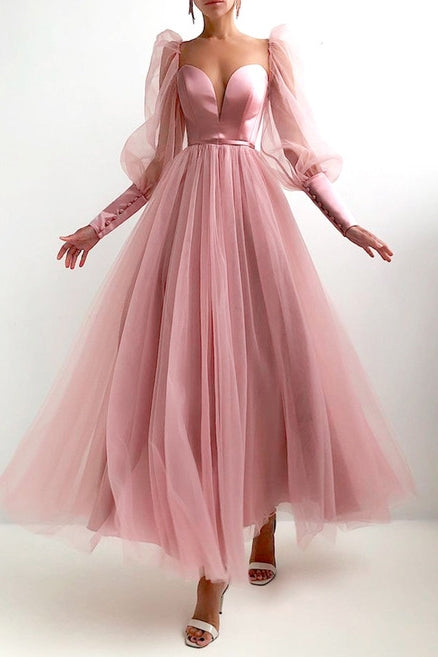 Dusty Pink A Line Prom Dress Full Sleeves